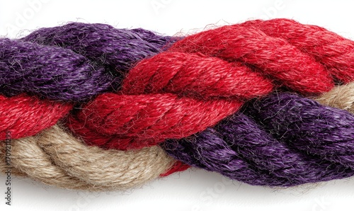 Close-up of a braided rope with red, purple, and beige threads