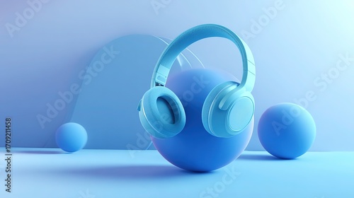 Light blue over - ear headphones on light blue sphere with surrounding light blue spheres, minimalist modern tech scene.