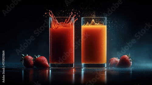 Two glasses of juice, red and orange, being poured with splashes, fresh strawberries on dark background, dynamic and appetizing scene.
