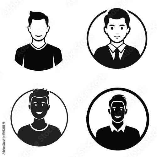 Diverse Vector Silhouette Illustration of Four Male Avatars Representing Different Professional and Casual Styles, Perfect for User Profiles and Digital Branding