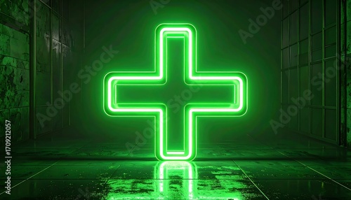 Neon green cross in dark industrial setting