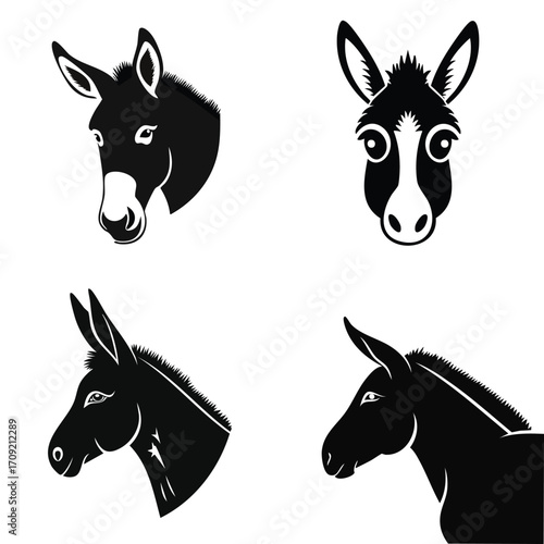Set of Four Vector Silhouette Illustration Donkey Head Portraits in Various Angles, Animal Design Elements