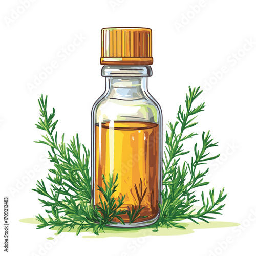 a small bottle of cypress essential oil isolated background , vector style simple color