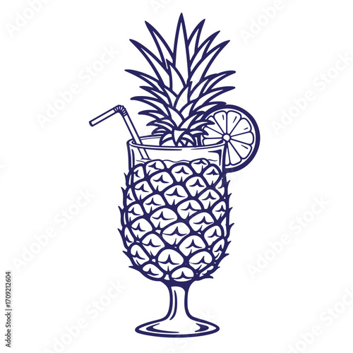 Elegant navy illustration of a tropical cocktail in a pineapple shaped glass with straw and orange slice