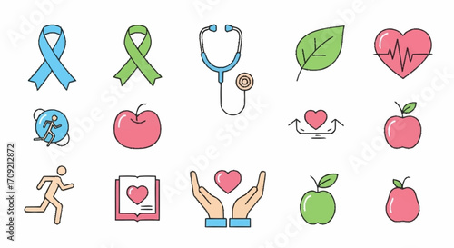 Health and Wellness Icons Promoting a Healthy Lifestyle with Symbols of Care