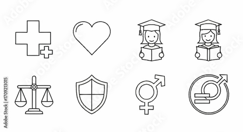 Collection of Icons Representing Healthcare, Love, Education, Justice, Protection, Gender Equality, and Social Concepts