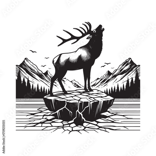 Vector art of elk standing on cracked ice in front of mountains and trees