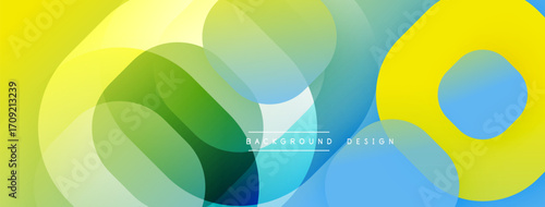 Abstract colorful shapes overlap, creating dynamic visual effect. Bright hues blend smoothly, forming modern background.