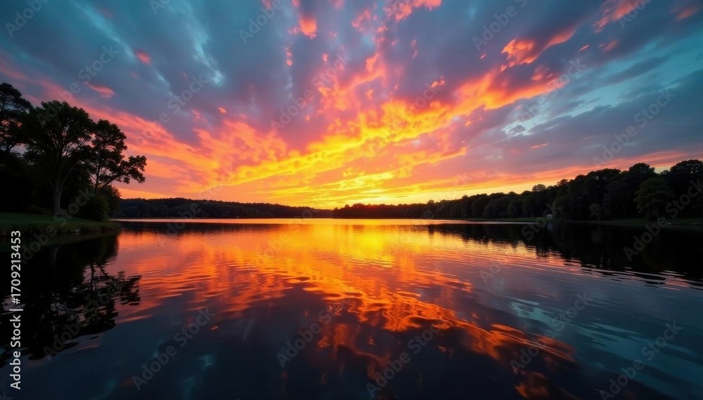 Fototapeta premium Lake Fayetteville sunset, dazzling yellow hues against a deep blue sky, landscape, peaceful