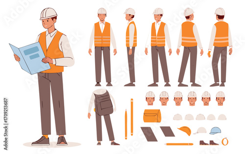 Civil engineer wearing hard hat holding construction project drawing. Character constructor for animation. Front, side and back view set. Body parts, postures, poses collection. Vector illustration.