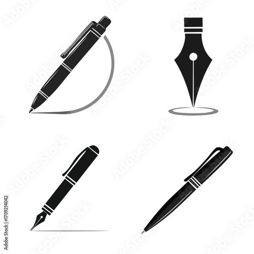 Black Pen Vector Silhouette Illustration Set of Sleek Writing Tools for Creative Designs and Precise Documentation Projects