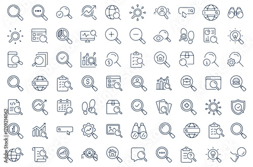 Search icon set. Contains such Icons as zoom, find document, web search engine