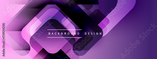 Abstract purple background. Overlapping squares create dynamic, modern visual effect. Text reads background design. Smooth gradients present.