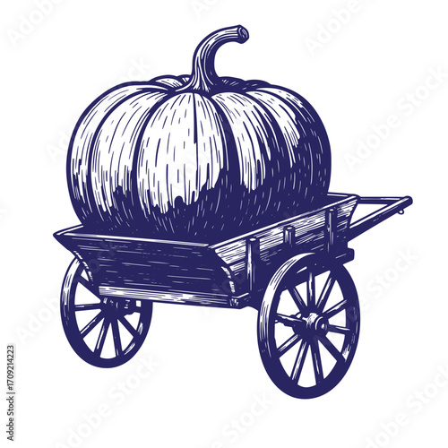 Engraved illustration of a large pumpkin loaded on a wooden cart for autumn harvest season