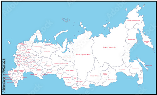 Map of Russia with regions labeled in red on a blue background.eps