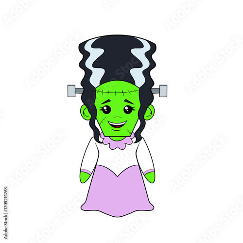 Bride of frankstein with green skin and big black hair, wearing a purple dress, Halloween monster clip art