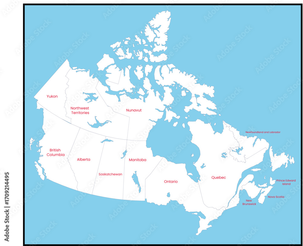 Fototapeta premium Map of Canada with regions labeled in red on a blue background.eps