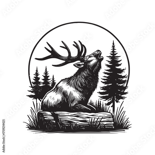 Vector art of majestic elk roaring in a forest setting with pine trees and a log