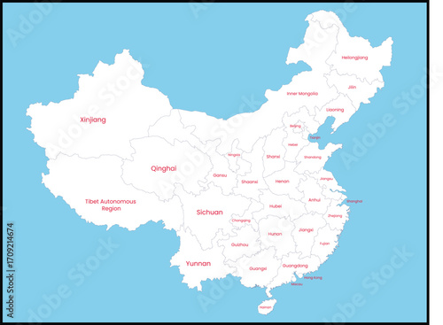 Map of China with regions labeled in red on a blue background..eps