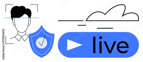 Facial recognition scanning alongside shield for data security, cloud, and live streaming button. Ideal for cybersecurity, privacy, streaming, face ID, surveillance, technology cloud connectivity