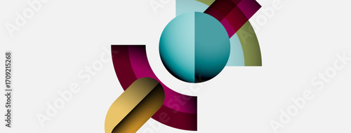 Abstract design features colorful curved shapes intersecting around central sphere. Modern, dynamic composition with gradient hues.