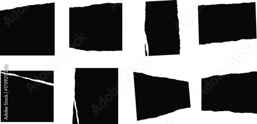 Collection of eight irregularly shaped black paper rips on transparent background
