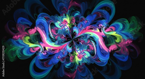 Abstract digital art with a colorful psychedelic floral fractal pattern background, a vibrant wallpaper design in pink, purple, and blue