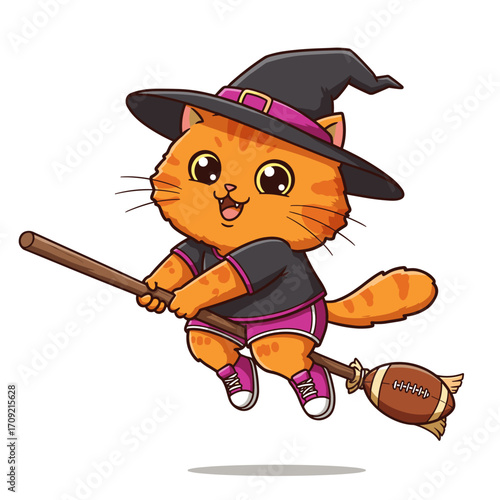 An excited orange tabby cat in a black and purple witch outfit flies on a broomstick with a football tip, smiling mid-air against a white background.