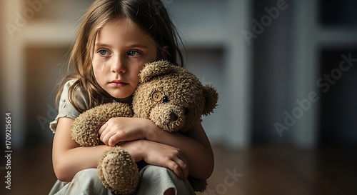 Sad little girl hugging teddy bear.