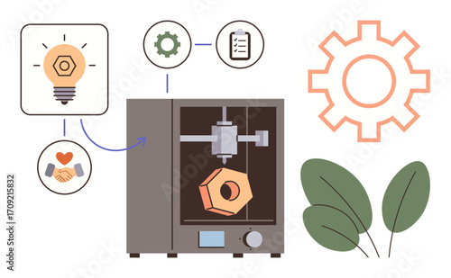 3D printer producing object, process outputs linking creativity, sustainability, teamwork. Ideal for technology, engineering, green future, innovation, productivity collaboration education themes
