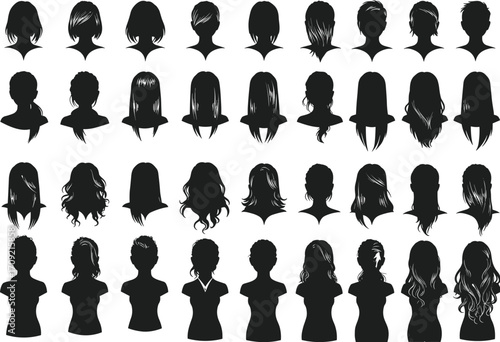 Collection of female hairstyle silhouette icons showing various hair lengths, styles, and textures in vector format