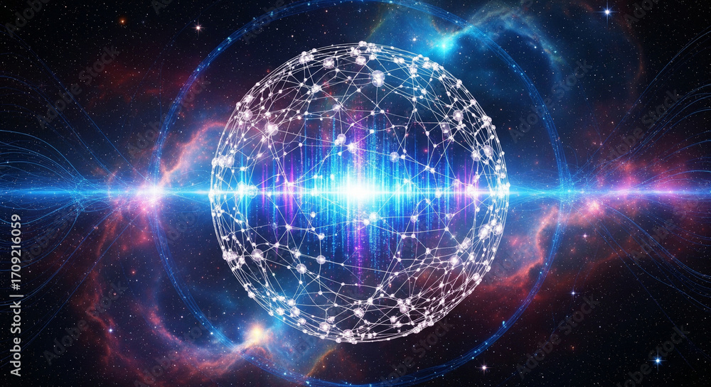 Obraz premium A cinematic visualization of a quantum computing nexus, a spherical hub of glowing wires and energy nodes interconnected like neurons.