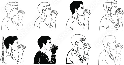 Person drinking from cup in multiple artistic styles, black and white line art illustration, gesture drawing, design reference, sketch, profile