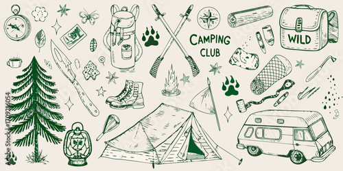 Hand drawn camping club elements featuring tent backpack boots camper van and forest icons