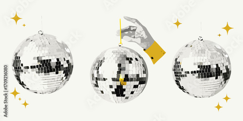 A hand holding a disco ball with two other disco balls and sparkling stars on a white background