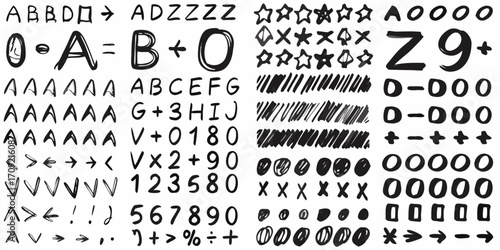 Collection of hand drawn alphabet letters numbers symbols arrows and shapes in black ink on white background