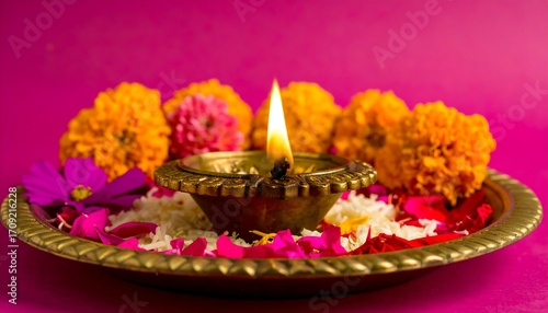 Aromatic flowers, brass diya