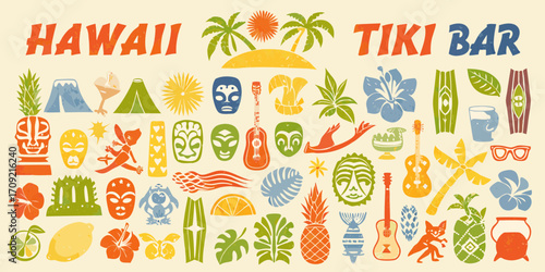 Hawaii tiki bar tropical island paradise vacation elements collection