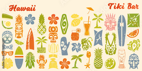 Collection of hawaiian tiki bar and tropical elements with vintage style
