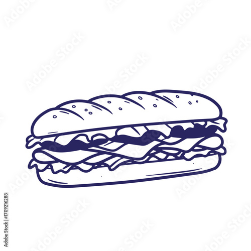Hand drawn illustration of a delicious sub sandwich with layers of filling ready to eat