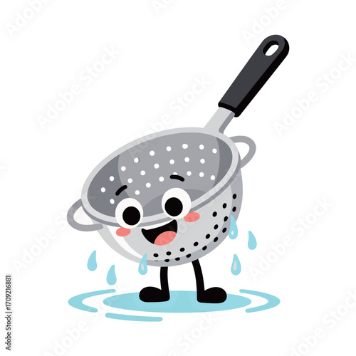 Cheerful cartoon colander character draining water, with a happy smiling face and legs.