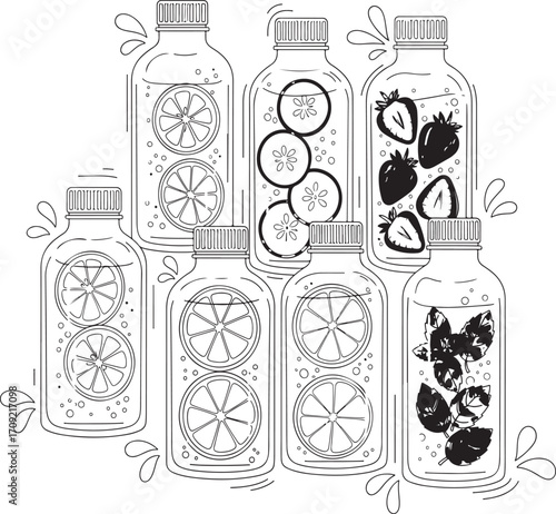 Decorative Line Art of Water Bottles with Fruits and Leaves.