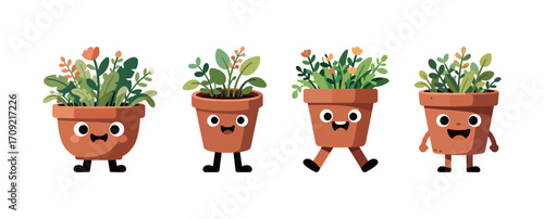 Collection of four cartoon potted plants with happy faces, showing different expressions and poses.
