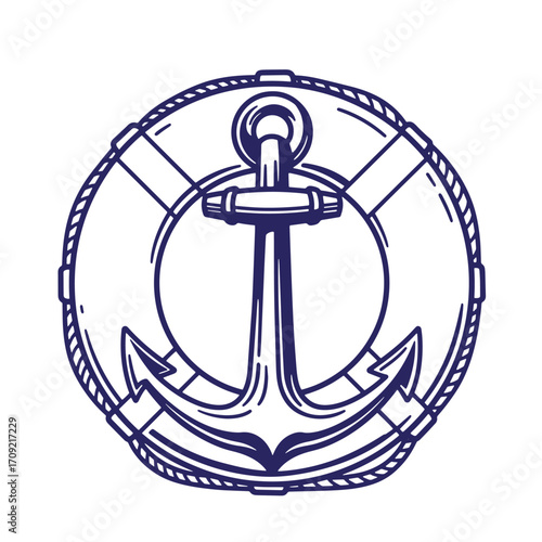 Hand drawn nautical illustration of an anchor inside a lifebuoy for marine related designs