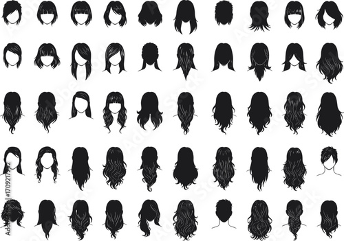 Collection of Various Black Silhouette Hairstyles for Women in Different Styles and Lengths, Perfect for Fashion and Hair Design Illustrations