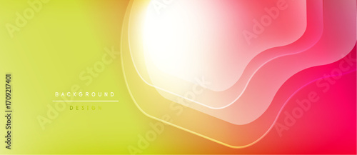 Abstract fluid shapes blend yellow, pink, red hues. Smooth gradients create dynamic background design. Minimal text present.