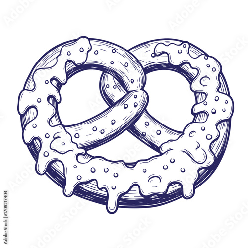 Hand drawn line art illustration of a delicious pretzel with melted cheese sauce