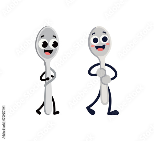 Two cute cartoon spoons standing with a happy and cheerful expression, showing their personalities.