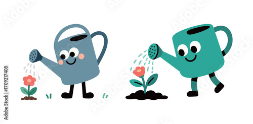 Two cute cartoon watering cans happily watering flowers, showing cheerful faces and legs.