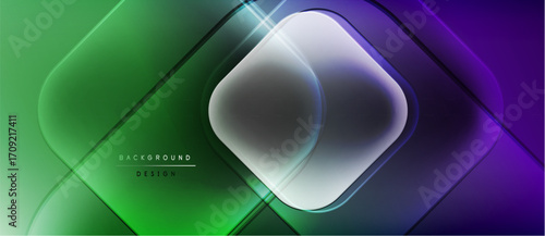 Abstract gradient background. Overlapping squares create luminous effect. Green, purple hues dominate design. Modern, sleek presentation.